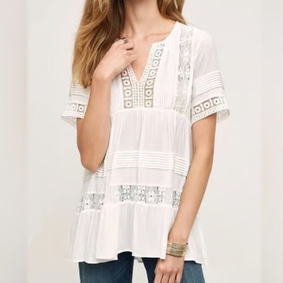 Anthropologie Tops - Anthropologie | Maeve White Tiered Crochet Lace Tiered Blouse Small